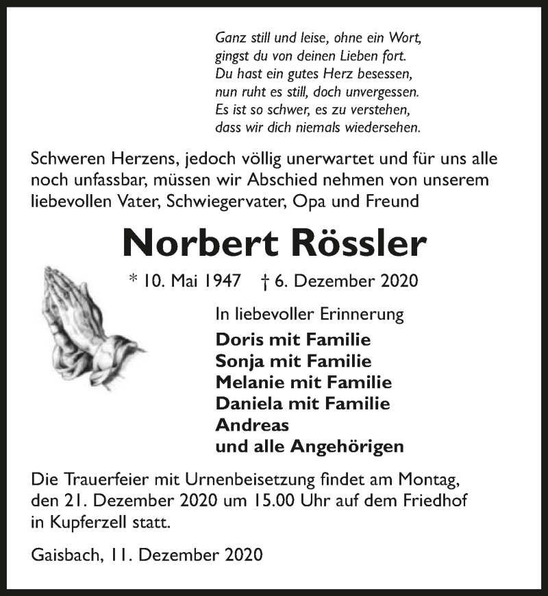  Traueranzeige für Norbert Rössler vom 11.12.2020 aus GESAMT