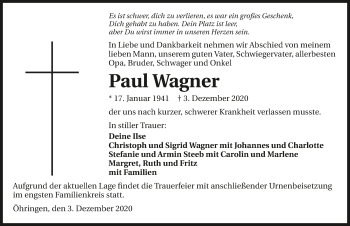 Traueranzeige von Paul Wagner von GESAMT