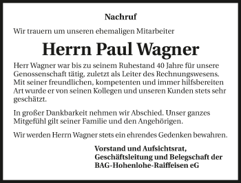 Traueranzeige von Paul Wagner von GESAMT