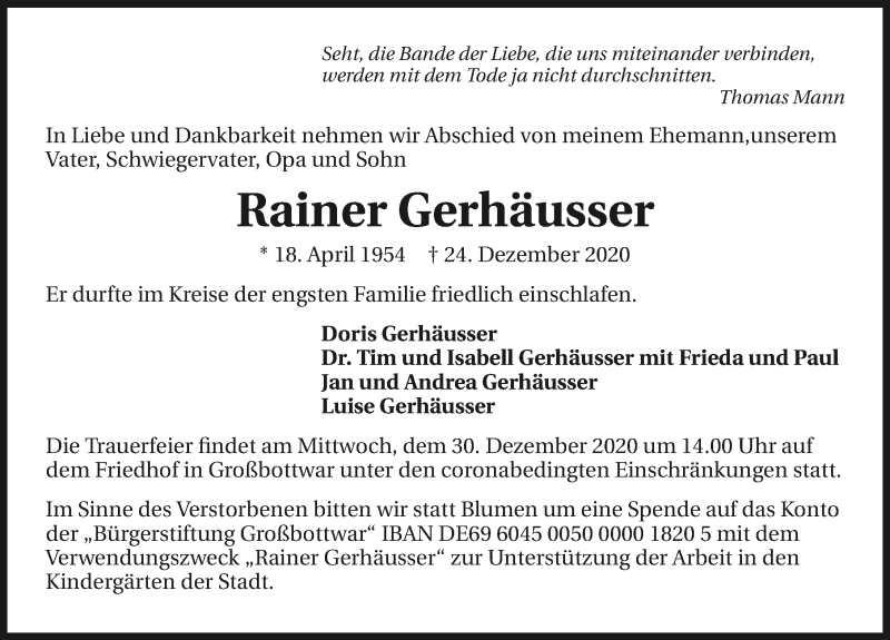  Traueranzeige für Rainer Gerhäusser vom 29.12.2020 aus GESAMT