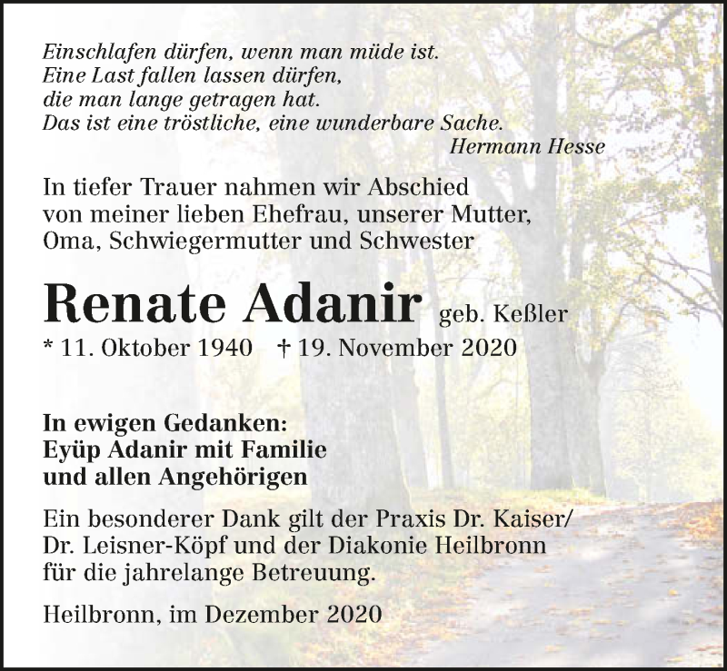  Traueranzeige für Renate Adanir vom 05.12.2020 aus GESAMT