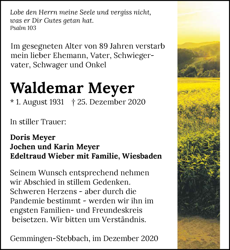  Traueranzeige für Waldemar Meyer vom 31.12.2020 aus GESAMT