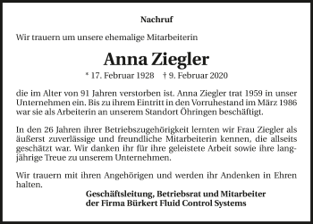 Traueranzeige von Anna Ziegler 