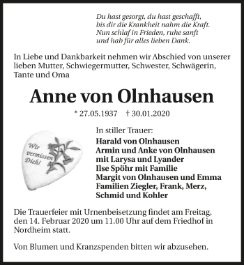 Traueranzeige von Anne von Olnhausen 