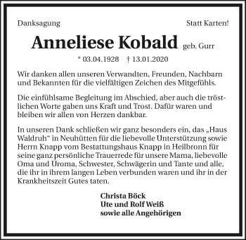 Traueranzeige von Anneliese Kobald 