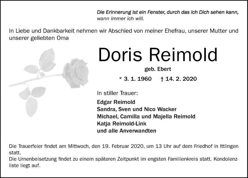  Traueranzeige für Doris Reimold vom 18.02.2020 aus 