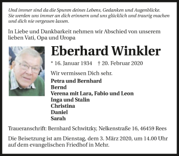 Traueranzeige von Eberhard Winkler 