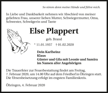 Traueranzeige von Else Plappert 