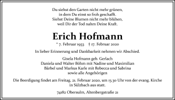 Traueranzeige von Erich Hofmann 