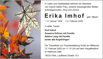 Traueranzeige von Erika Imhof 