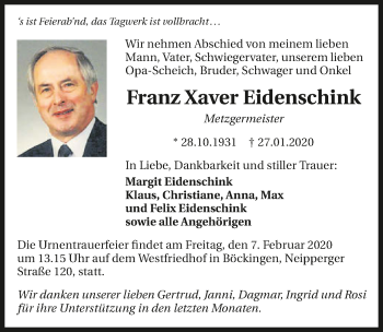 Traueranzeige von Franz Xaver Eidenschink 