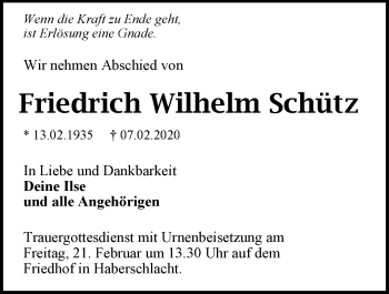 Traueranzeige von Friedrich Wilhelm Schütz 