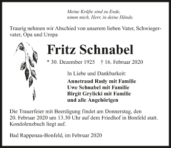 Traueranzeige von Fritz Schnabel 