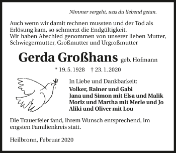 Traueranzeige von Gerda Großhans 