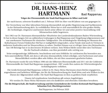 Traueranzeige von Hans-Heinz Hartmann 