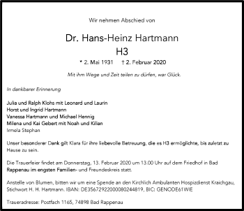 Traueranzeige von Hans-Heinz Hartmann 