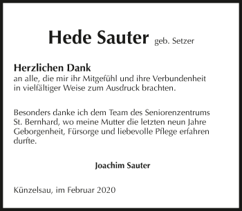 Traueranzeige von Hede Sauter 