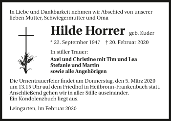 Traueranzeige von Hilde Horrer 