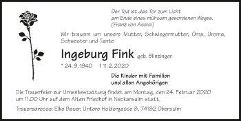 Traueranzeige von Ingeburg Fink 