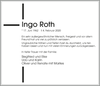 Traueranzeige von Ingo Roth 