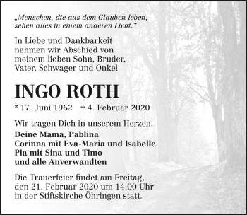 Traueranzeige von Ingo Roth 