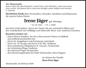 Traueranzeige von Irene Jäger 