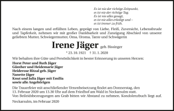 Traueranzeige von Irene Jäger 