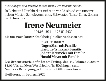 Traueranzeige von Irene Neumeier 