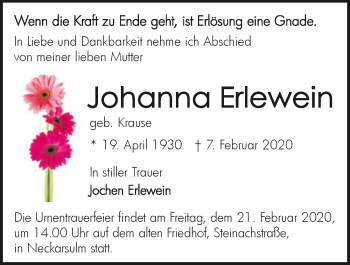 Traueranzeige von Johanna Erlewein 