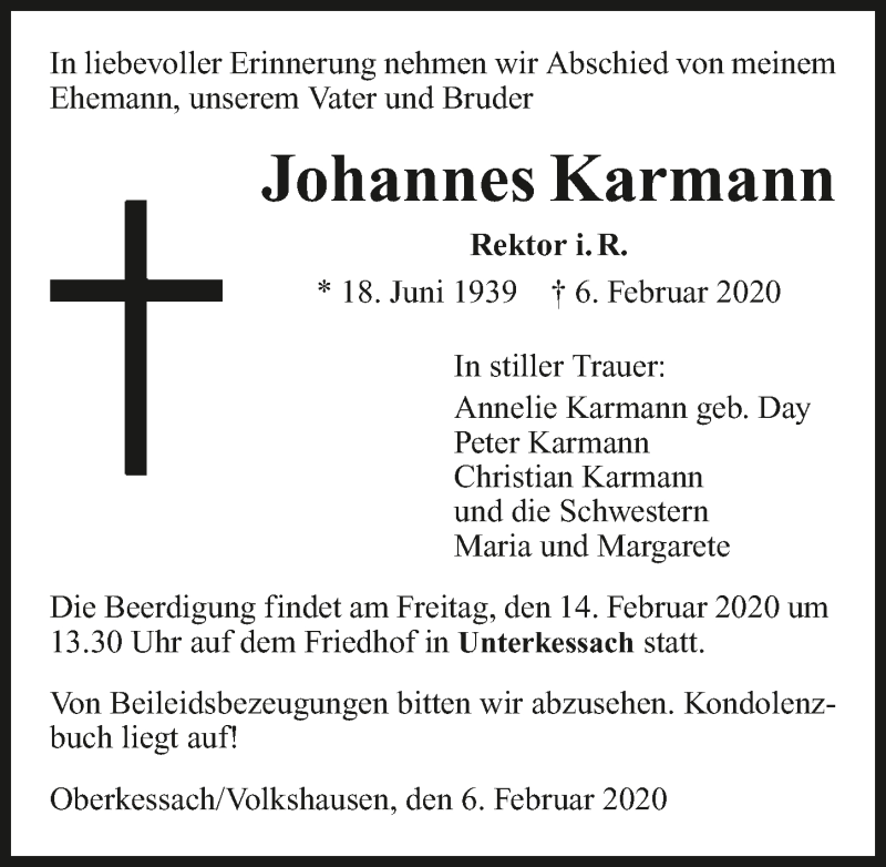  Traueranzeige für Johannes Karmann vom 12.02.2020 aus 