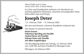 Traueranzeige von Joseph Deter 