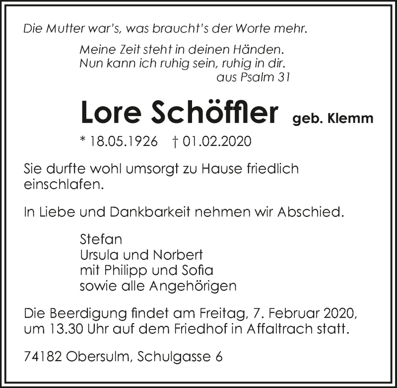  Traueranzeige für Lore Schöffler vom 04.02.2020 aus 