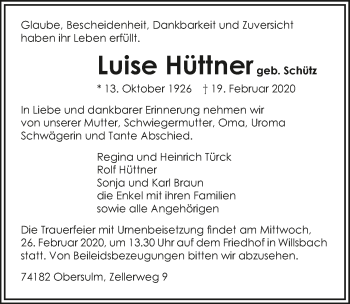 Traueranzeige von Luise Hüttner 