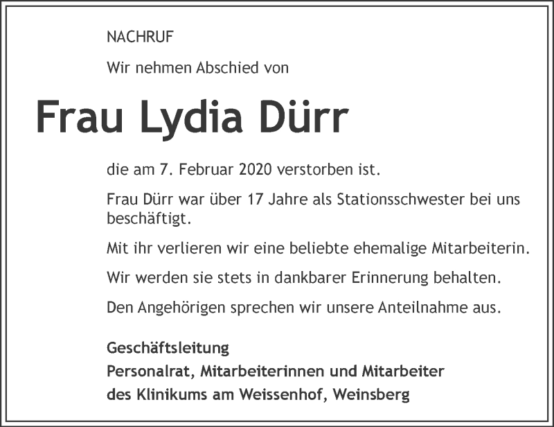  Traueranzeige für Lydia Dürr vom 11.02.2020 aus 