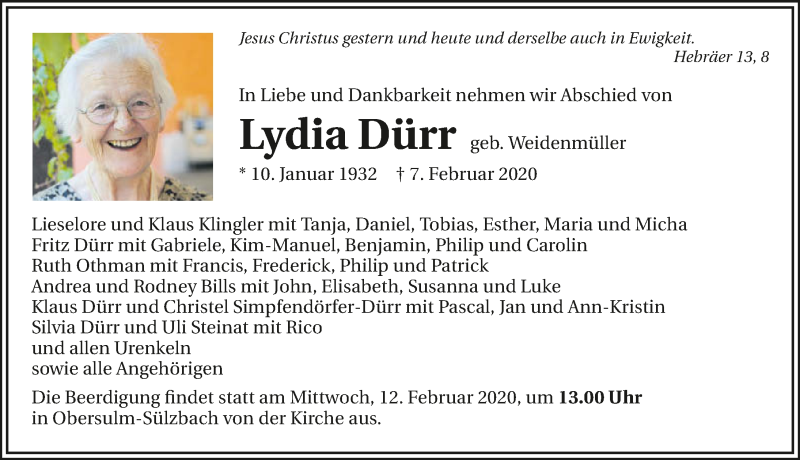  Traueranzeige für Lydia Dürr vom 11.02.2020 aus 