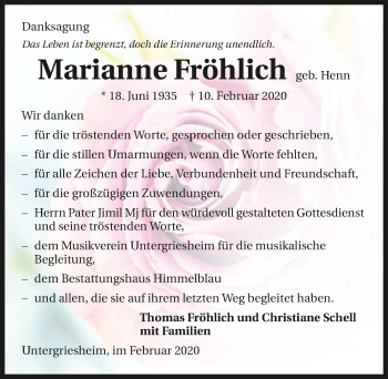 Traueranzeige von Marianne Fröhlich 