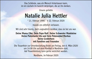 Traueranzeige von Natalie Julia Hettler 