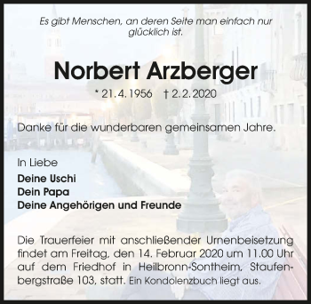 Traueranzeige von Norbert Arzberger 