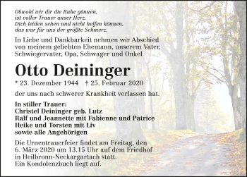 Traueranzeige von Otto Deininger 