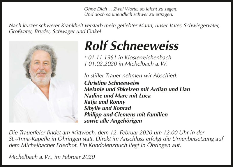  Traueranzeige für Rolf Schneeweiss vom 08.02.2020 aus 