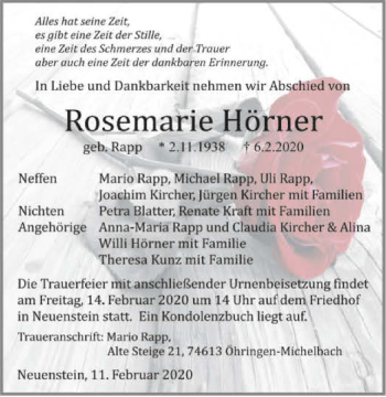 Traueranzeige von Rosemarie Hörner 