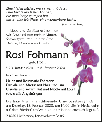 Traueranzeige von Rosl Fohmann 