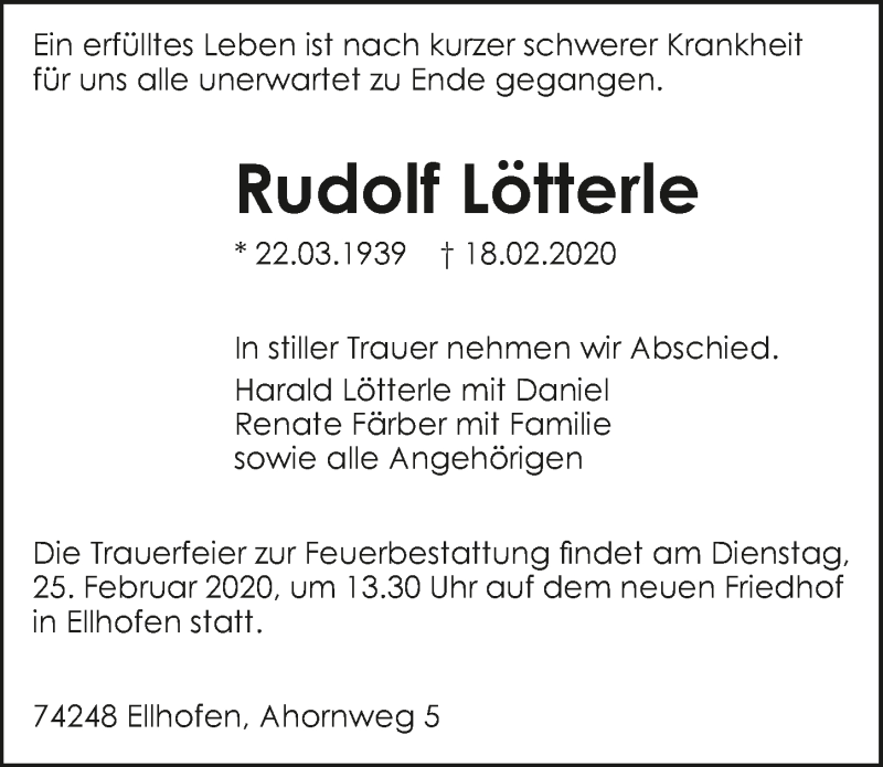  Traueranzeige für Rudolf Lötterle vom 21.02.2020 aus 