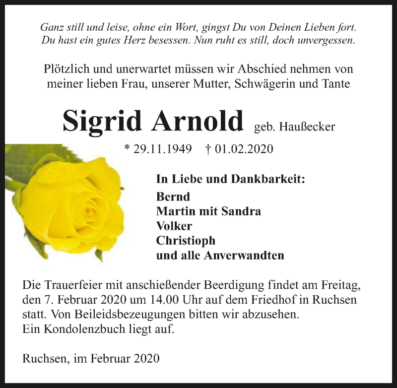 Traueranzeige für Sigrid Arnold vom 05.02.2020 aus 