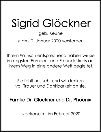 Traueranzeige von Sigrid Glöckner 