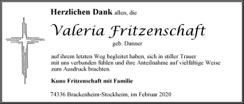 Traueranzeige von Valeria Fritzenschaft 