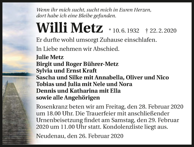  Traueranzeige für Willi Metz vom 26.02.2020 aus 