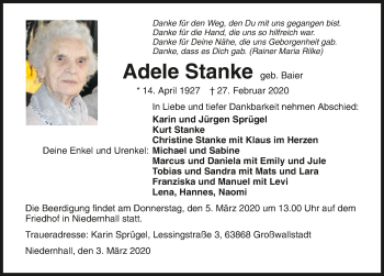 Traueranzeige von Adele Stanke 