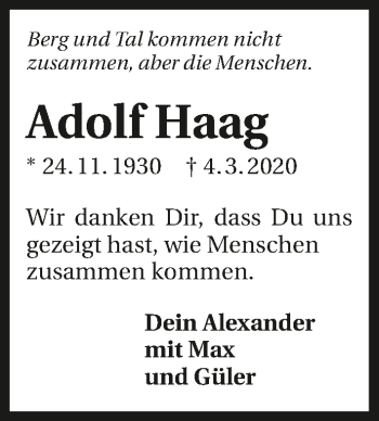 Traueranzeige von Adolf Haag 