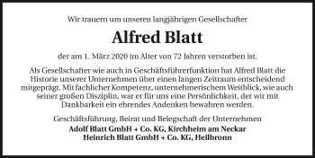 Traueranzeige von Alfred Blatt 